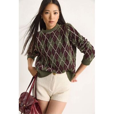 Bianco Lucci Damen Rundhals Strickpullover mit Diamantmuster Khaki S/M Bianco Lucci Damen Rundhals Strickpullover mit Diamantmuster Khaki S/M
