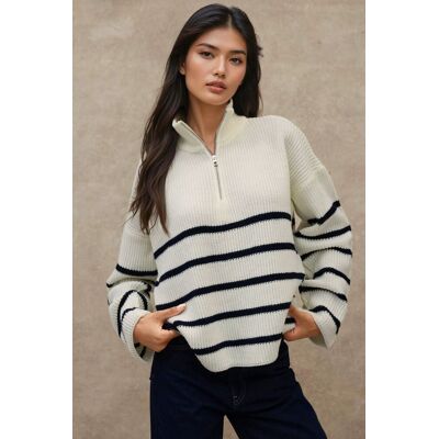 Hiccup Gestreifter Pullover mit langem Arm und Reißverschlusskragen Weiß L Hiccup Gestreifter Pullover mit langem Arm und Reißverschlusskragen Weiß L
