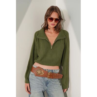 Mixray Strukturiertes Langarm-Pullover mit Reißverschlusskragen Khaki S/M Mixray Strukturiertes Langarm-Pullover mit Reißverschlusskragen Khaki S/M
