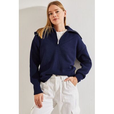 Bianco Lucci Reißverschluss-Kragen Strickpullover Marine S/M Bianco Lucci Reißverschluss-Kragen Strickpullover Marine S/M
