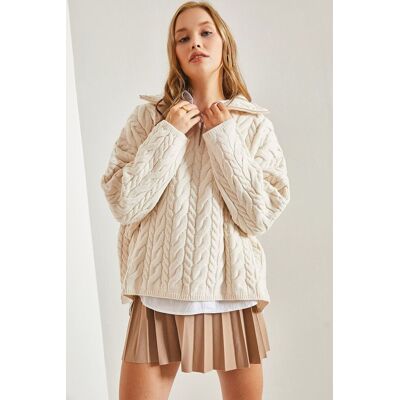 Bianco Lucci Oversized Haar- und Bart-Pullover mit Reißverschlusskragen Beige S/M Bianco Lucci Oversized Haar- und Bart-Pullover mit Reißverschlusskragen Beige S/M