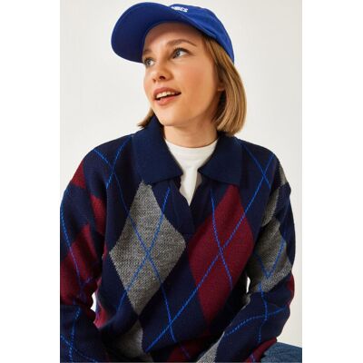 Bianco Lucci Geometrisches Muster Polo Kragen Strickpullover Mehrfarben S/M Bianco Lucci Geometrisches Muster Polo Kragen Strickpullover Mehrfarben S/M