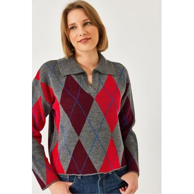 Bianco Lucci Geometrisches Muster Polo Kragen Strickpullover Mehrfarben S/M Bianco Lucci Geometrisches Muster Polo Kragen Strickpullover Mehrfarben S/M