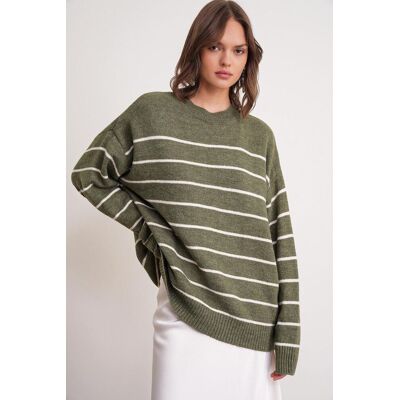Mixray Gestreifter Rundhals entspannt geschnittener Strickpullover Khaki S/M Mixray Gestreifter Rundhals entspannt geschnittener Strickpullover Khaki S/M
