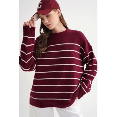 Mixray Gestreifter, lässiger Rundkragen-Strickpullover Burgund S/M Mixray Gestreifter, lässiger Rundkragen-Strickpullover Burgund S/M