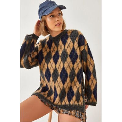 Bianco Lucci Crew-Nack Schlitz Strickpullover im Baklava-Muster Dunkelgrau S/M Bianco Lucci Crew-Nack Schlitz Strickpullover im Baklava-Muster Dunkelgrau S/M