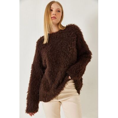 Bianco Lucci Überdimensionierter strukturierter Strickpullover mit plüschigen Details Dunkelbraun S/M Bianco Lucci Überdimensionierter strukturierter Strickpullover mit plüschigen Details Dunkelbraun S/M