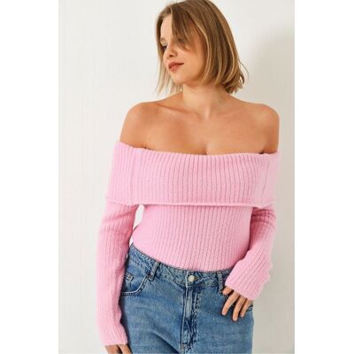 Bianco Lucci Schulterfreier gerippter Strickpullover mit umgeschlagenem Detail Rosa S/M Bianco Lucci Schulterfreier gerippter Strickpullover mit umgeschlagenem Detail Rosa S/M