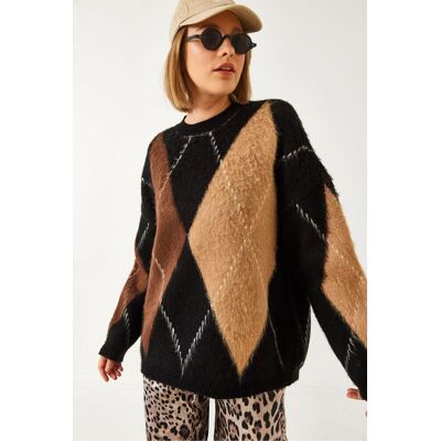 Bianco Lucci Übergroßer Pullover mit Diamantdruck Schwarz S/M Bianco Lucci Übergroßer Pullover mit Diamantdruck Schwarz S/M