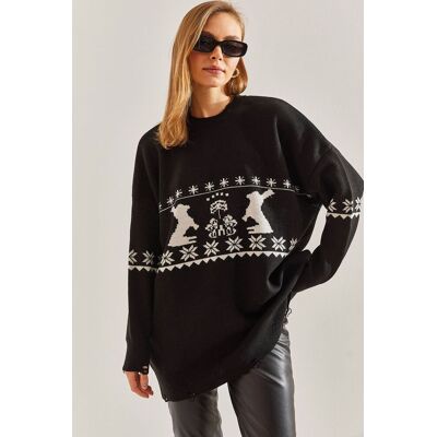Bianco Lucci Langer Oversized-Muster-Strickpullover mit Rundhalsausschnitt Schwarz S/M Bianco Lucci Langer Oversized-Muster-Strickpullover mit Rundhalsausschnitt Schwarz S/M