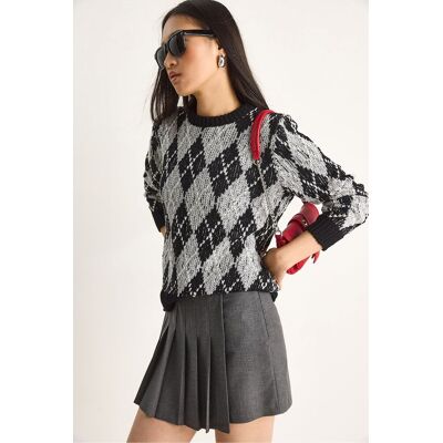 Bianco Lucci Damen Rundhals Strickpullover mit Rautenmuster Schwarz S/M Bianco Lucci Damen Rundhals Strickpullover mit Rautenmuster Schwarz S/M