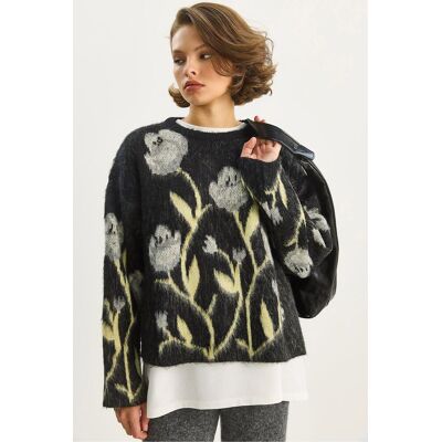 Bianco Lucci Crewneck-Blütenpullover Schwarz S/M Bianco Lucci Crewneck-Blütenpullover Schwarz S/M