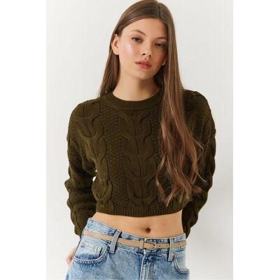 Bianco Lucci Strukturierter Geripptes Crop-Sweater mit Rundhalsausschnitt Khaki S/M Bianco Lucci Strukturierter Geripptes Crop-Sweater mit Rundhalsausschnitt Khaki S/M