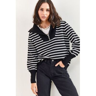 Bianco Lucci Gestreifter Kapuzenpullover mit Reißverschluss Schwarz S/M Bianco Lucci Gestreifter Kapuzenpullover mit Reißverschluss Schwarz S/M