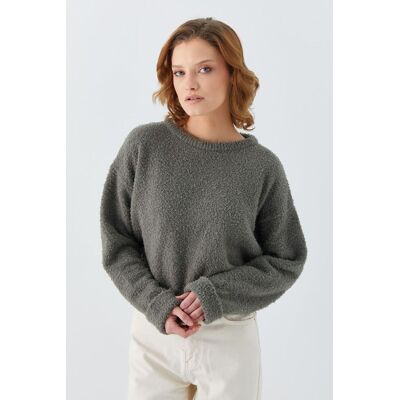 Mixray Plüschstrukturierter kurz geschnittener Strickpullover Khaki S/M Mixray Plüschstrukturierter kurz geschnittener Strickpullover Khaki S/M