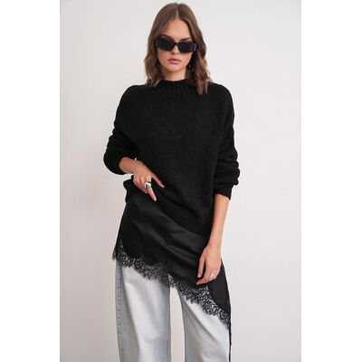 Mixray Lässiger Pullover mit Rundhalsausschnitt aus dickem Strick Schwarz S/M Mixray Lässiger Pullover mit Rundhalsausschnitt aus dickem Strick Schwarz S/M