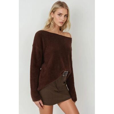 Hiccup Weicher Texturierter Bootsausschnitt Strickpullover Kastanie Einheitsgröße Hiccup Weicher Texturierter Bootsausschnitt Strickpullover Kastanie Einheitsgröße