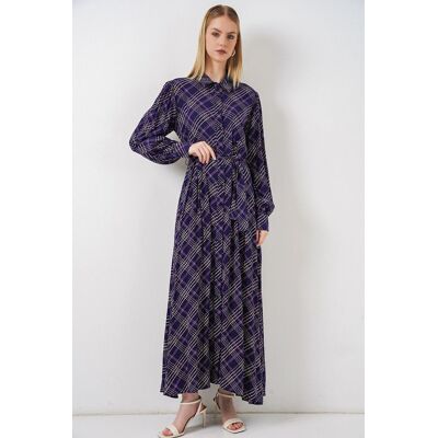 Big Dart Kariertes Midi-Hemd Kleid mit Knopfverschluss Lila XL Big Dart Kariertes Midi-Hemd Kleid mit Knopfverschluss Lila XL