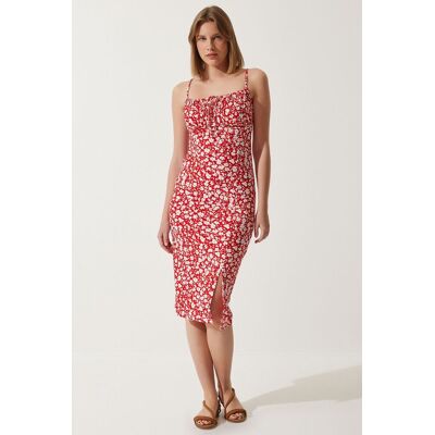 Happiness Istanbul Blumenmuster Ripp-Midi-Kleid mit Schlitz Rot M Happiness Istanbul Blumenmuster Ripp-Midi-Kleid mit Schlitz Rot M