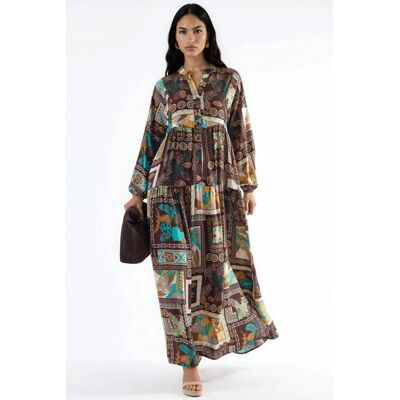 Hiccup V-Ausschnitt gemustertes Maxikleid Braun S Hiccup V-Ausschnitt gemustertes Maxikleid Braun S