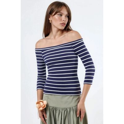 Busem Gestreifte Ripp-Boat-Neck-Bluse mit langen Ärmeln Marine L Busem Gestreifte Ripp-Boat-Neck-Bluse mit langen Ärmeln Marine L