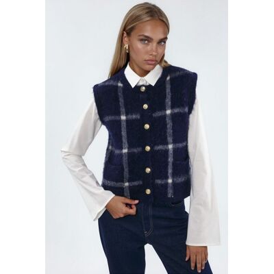 Hiccup Kariertes Rundhals-Sweater-Weste mit Knöpfen Marine M Hiccup Kariertes Rundhals-Sweater-Weste mit Knöpfen Marine M