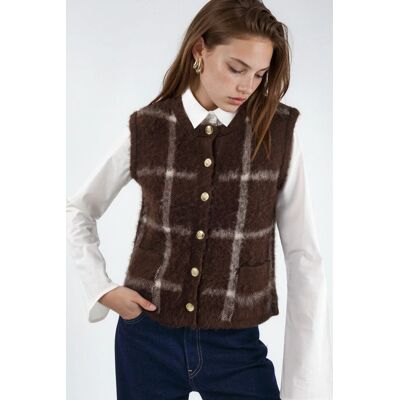 Hiccup Kariertes Rundhals-Sweaterweste mit Knöpfen Kastanie M Hiccup Kariertes Rundhals-Sweaterweste mit Knöpfen Kastanie M