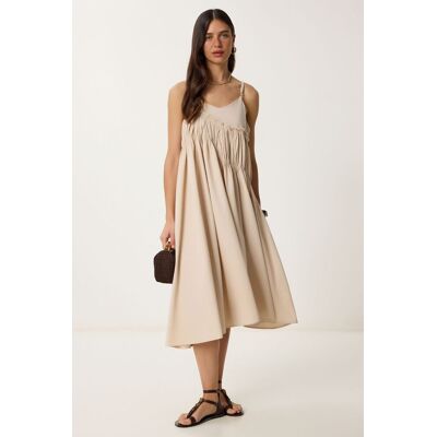 Happiness Istanbul Rüschenshirt U-Ausschnitt Midi-Kleid Creme M Happiness Istanbul Rüschenshirt U-Ausschnitt Midi-Kleid Creme M