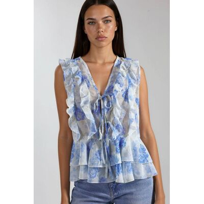 Hiccup Blumen V-Ausschnitt Chiffonbluse mit Bindegürtel Hellblau M Hiccup Blumen V-Ausschnitt Chiffonbluse mit Bindegürtel Hellblau M