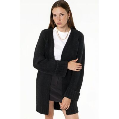 Hiccup Langer gerippter Strickcardigan mit offenem Kragen Schwarz S Hiccup Langer gerippter Strickcardigan mit offenem Kragen Schwarz S
