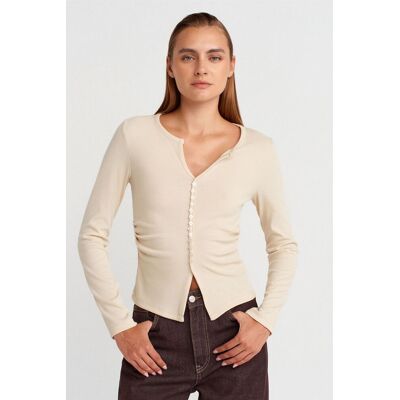 Dilvin Slim Fit Rippstruktur Bluse mit Knopfleiste Creme L Dilvin Slim Fit Rippstruktur Bluse mit Knopfleiste Creme L
