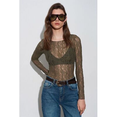 Dilvin Schlanke Passform Spitzen-Boot-Ausschnitt-Bluse Khaki S Dilvin Schlanke Passform Spitzen-Boot-Ausschnitt-Bluse Khaki S