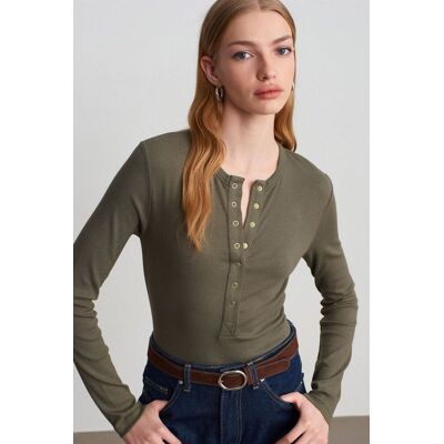 Dilvin Rippstrick-Polohemd mit Knöpfen Khaki M Dilvin Rippstrick-Polohemd mit Knöpfen Khaki M