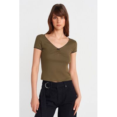 Dilvin Damen Baumwoll-Crop-Bluse mit Rüschensaum Khaki S Dilvin Damen Baumwoll-Crop-Bluse mit Rüschensaum Khaki S