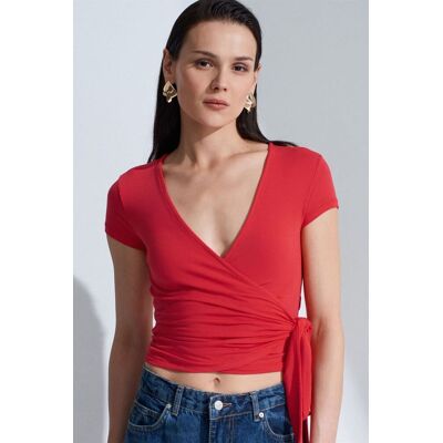 Dilvin Crop-Wrap-Bluse mit Bindegürtel Rot M Dilvin Crop-Wrap-Bluse mit Bindegürtel Rot M