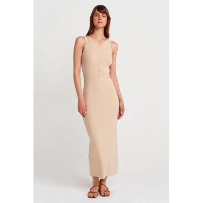Dilvin Rippstrick-Baumwollmischung Ärmelloses Maxikleid Beige M Dilvin Rippstrick-Baumwollmischung Ärmelloses Maxikleid Beige M
