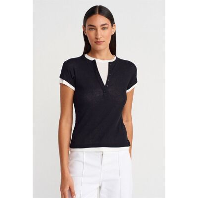 Dilvin Damen Baumwoll V-Ausschnitt Button T-Shirt Schwarz S Dilvin Damen Baumwoll V-Ausschnitt Button T-Shirt Schwarz S