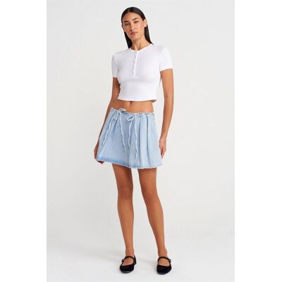 Dilvin Baumwoll-Denim Mini A-Linien-Rock mit Schleifendetail Hellblau M Dilvin Baumwoll-Denim Mini A-Linien-Rock mit Schleifendetail Hellblau M