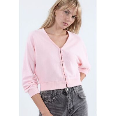 Busem V-Ausschnitt Rippenstrick Cropped Cardigan Hell-Pink M Busem V-Ausschnitt Rippenstrick Cropped Cardigan Hell-Pink M
