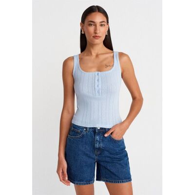 Dilvin Schmale Passform Rippstruktur Baumwoll-Quadratausschnitt-Bluse Hellblau L Dilvin Schmale Passform Rippstruktur Baumwoll-Quadratausschnitt-Bluse Hellblau L