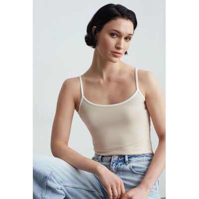 Dilvin Farbblock Ripp-Ärmellose Bluse Beige L Dilvin Farbblock Ripp-Ärmellose Bluse Beige L