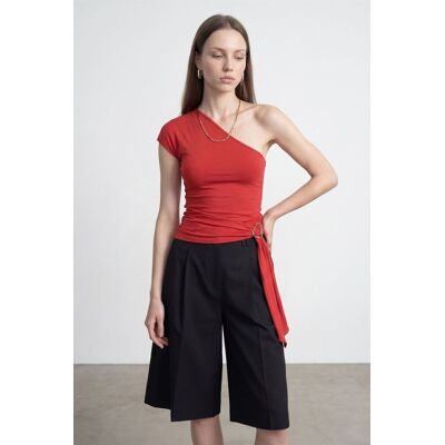 Dilvin Schlanke Passform Off-Shoulder Jersey-Bluse mit Bindegürtel Rot M Dilvin Schlanke Passform Off-Shoulder Jersey-Bluse mit Bindegürtel Rot M