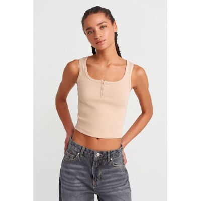 Dilvin Damen Rippen-Crop-Button-Front-Cami-Bluse Beige L Dilvin Damen Rippen-Crop-Button-Front-Cami-Bluse Beige L