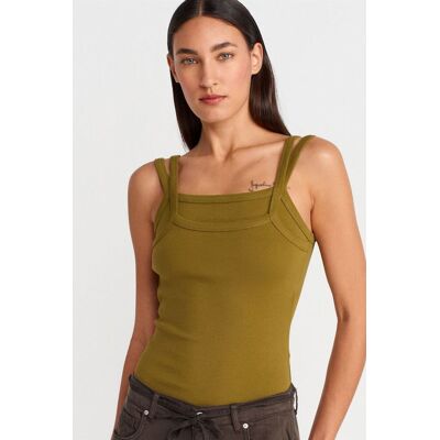 Dilvin Rippengestreifte Ärmellose Bluse mit Quadratkragen Olive L Dilvin Rippengestreifte Ärmellose Bluse mit Quadratkragen Olive L