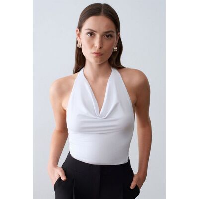 Dilvin Ärmellose Bluse mit Schlauchkragen und Bindegürtel Weiß L Dilvin Ärmellose Bluse mit Schlauchkragen und Bindegürtel Weiß L