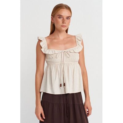 Dilvin Ärmellose Bluse mit Quadrat-Ausschnitt und Schleifen-Front Natürlich L Dilvin Ärmellose Bluse mit Quadrat-Ausschnitt und Schleifen-Front Natürlich L