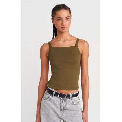 Dilvin Rippstrick Baumwoll-Bluse mit quadratischem Ausschnitt Khaki S Dilvin Rippstrick Baumwoll-Bluse mit quadratischem Ausschnitt Khaki S