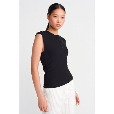 Dilvin Ärmellose Rippstrick-Bluse mit Knopfleiste Schwarz L Dilvin Ärmellose Rippstrick-Bluse mit Knopfleiste Schwarz L