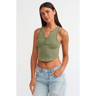 Dilvin Damen Ripp-Crop-Bluse mit Knöpfen Khaki L Dilvin Damen Ripp-Crop-Bluse mit Knöpfen Khaki L