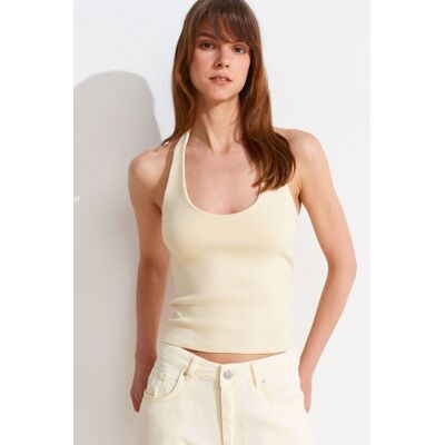 Dilvin Gerippte Halsbandfreie ärmellose Bluse Creme L Dilvin Gerippte Halsbandfreie ärmellose Bluse Creme L